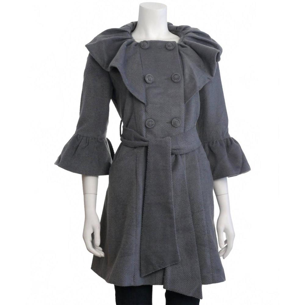 NEW RYU women's pintuck detailed double button with waist tie coat in grey